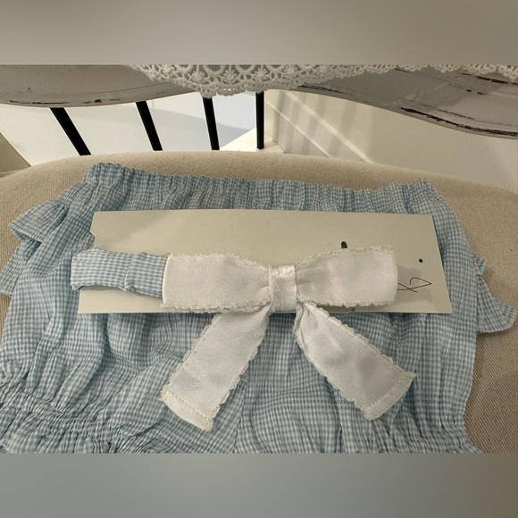 🦢 6~9 Mth Baby Seersucker Embroidered Lace Dress Ruffle Panty Hair Bow Set NWT - Picture 6 of 10